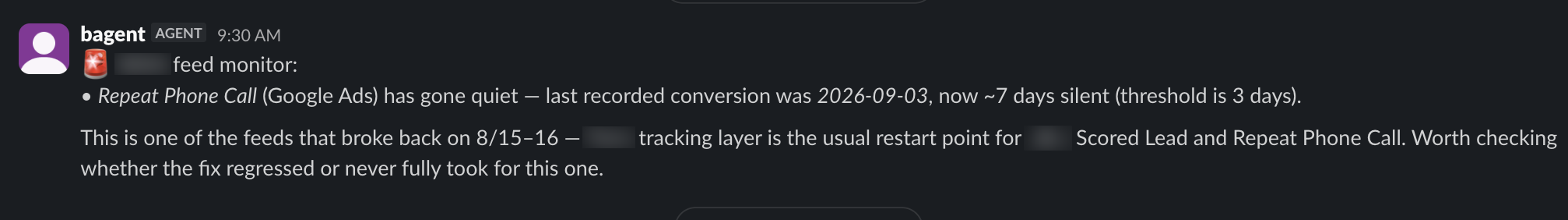 The always-on feed monitor flagging a conversion feed gone quiet past its threshold (client details anonymized)