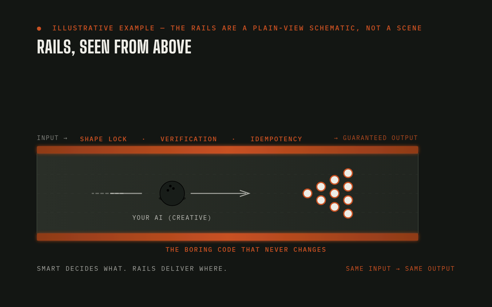 Illustrative bowling lane with deterministic rails keeping a variable AI ball on track toward a repeatable result.