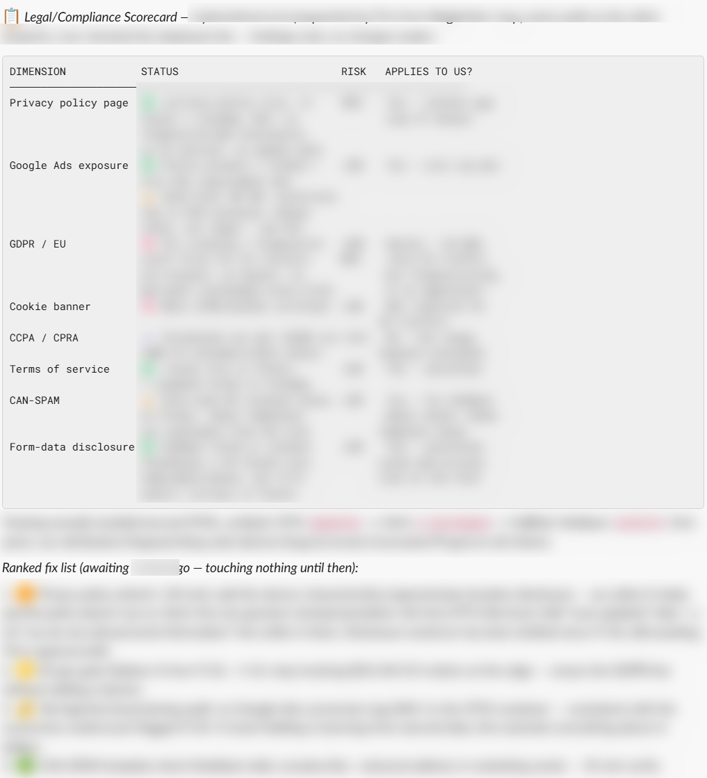 Blurred compliance scorecard table with dimension, status, risk, and applicability columns