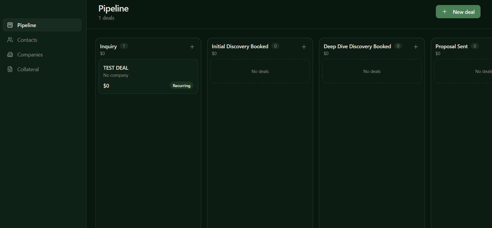 A custom-built CRM pipeline board with stages matched to the team's sales process, showing a test deal
