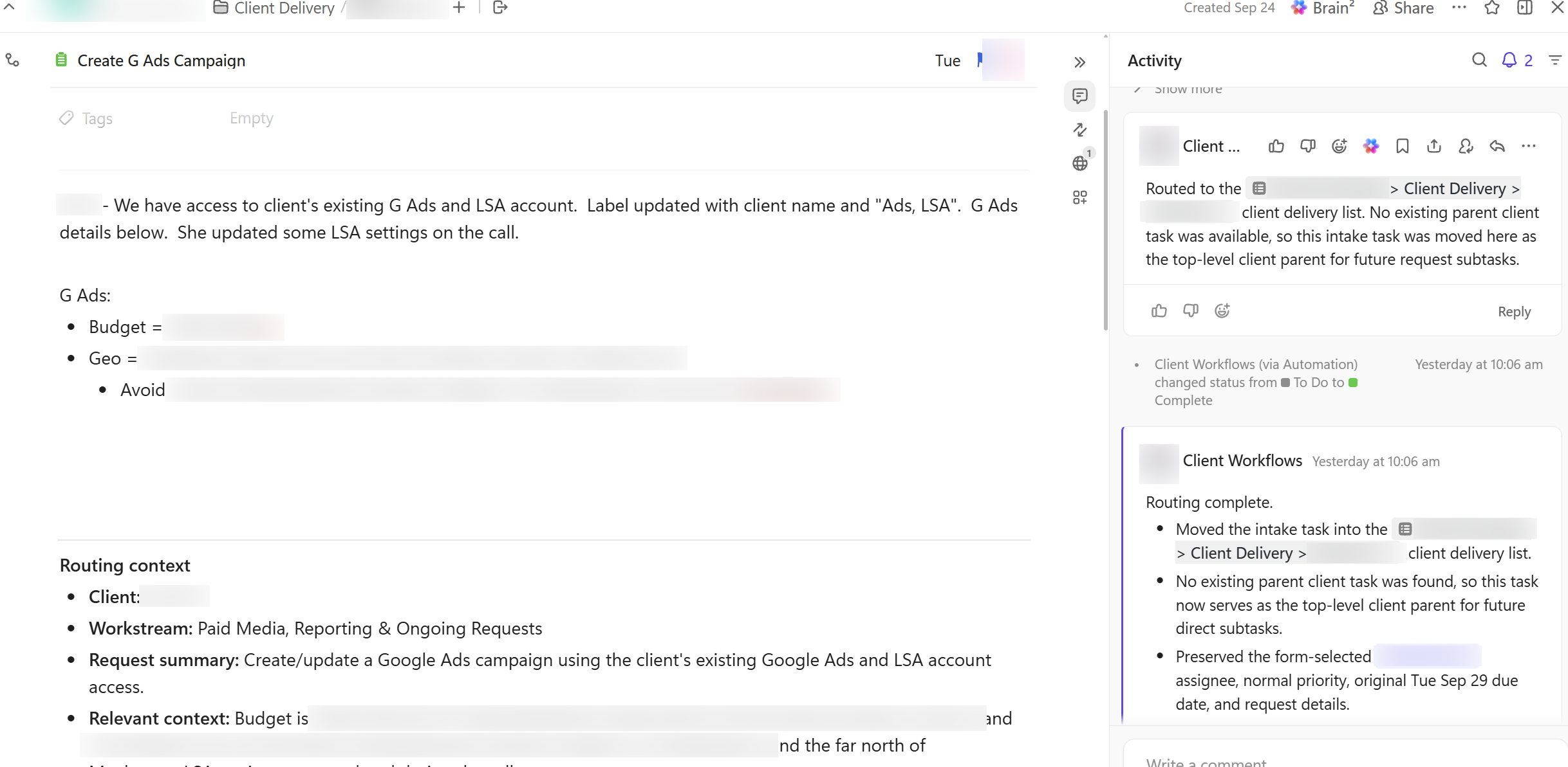 A finished task in the project management system: full description, routing context, and the automation activity log showing the agent filing and assigning it, client and personal details blurred.