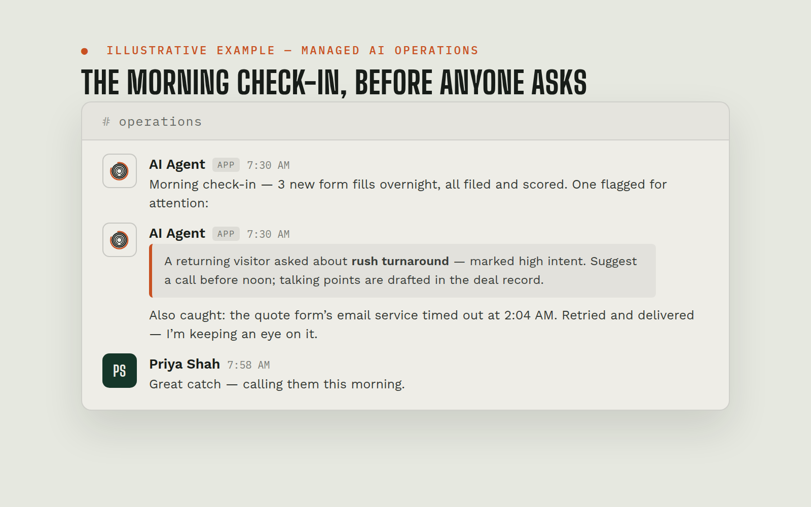 Illustrative chat example: a proactive morning check-in posted to a shared channel