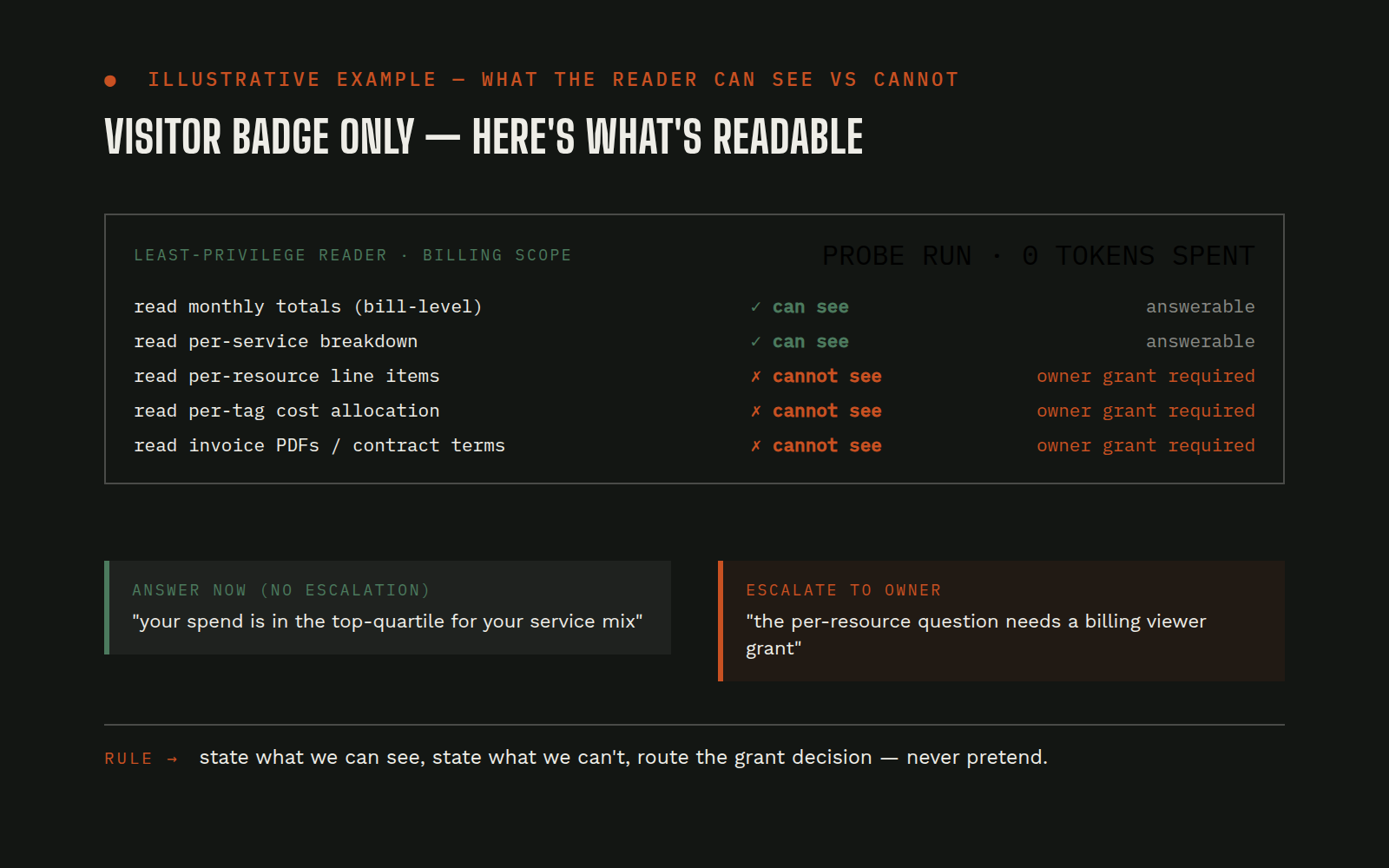 Illustrative mock of a least-privilege cloud billing reader separating readable data from owner-grant requirements
