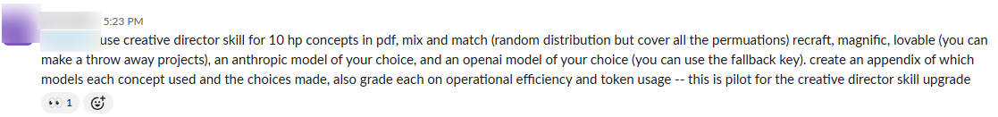The one-line chat assignment that started the competition: engines named, permutations requested, an appendix of who-made-what, and efficiency grading, sender anonymized