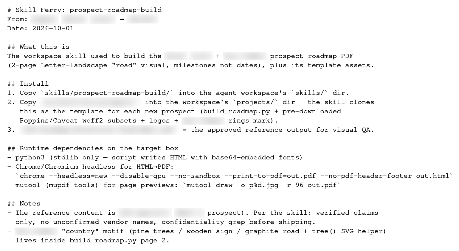 Terminal render of the transfer package README: install steps and runtime dependencies for a skill ferried agent-to-agent, with client and internal identifiers blurred