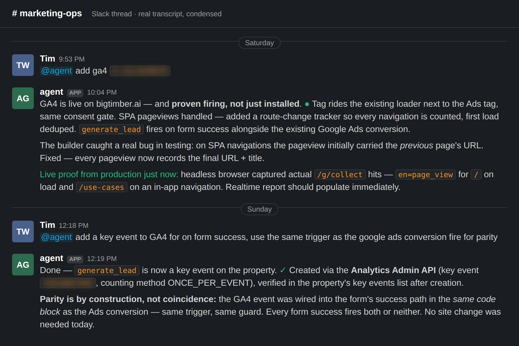 Slack thread: human one-liners in, verified-live tracking reports out