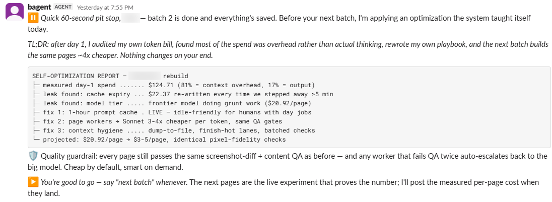 The agent's own self-optimization report: it audited its day-one spend, found the leaks, rewrote its playbook, and projected the same work at roughly a quarter of the cost, with quality checks unchanged (names anonymized)