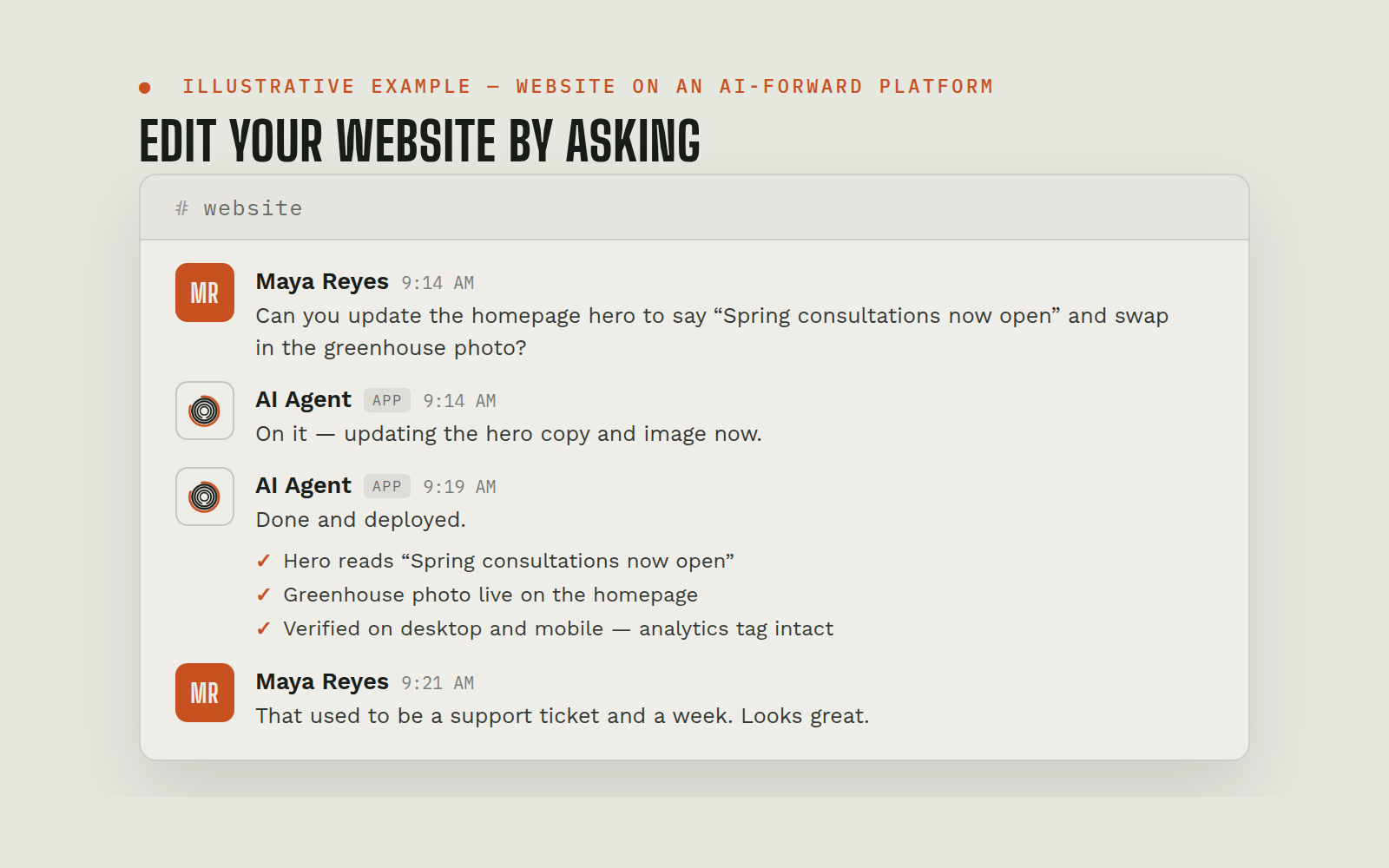 Illustrative chat example: a website edit requested in plain English