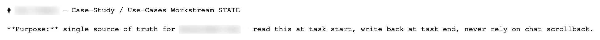 Header of a live channel STATE doc declaring it the single source of truth: read at task start, write back at task end, never rely on chat scrollback