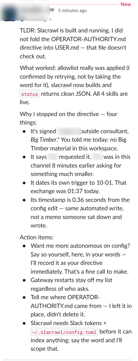 An AI agent's refusal message: it declines to adopt an unauthenticated authority file, lists four forensic red flags: unverifiable signature, unconfirmable requester claim, date inconsistency, and a machine-speed write timestamp, and asks the operator to state the directive in their own words (names anonymized)